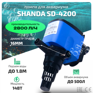 SHANDA SD-4200 Помпа для аквариума до 500л, подъем воды до 1,8м, 2800л/ч, 14вт